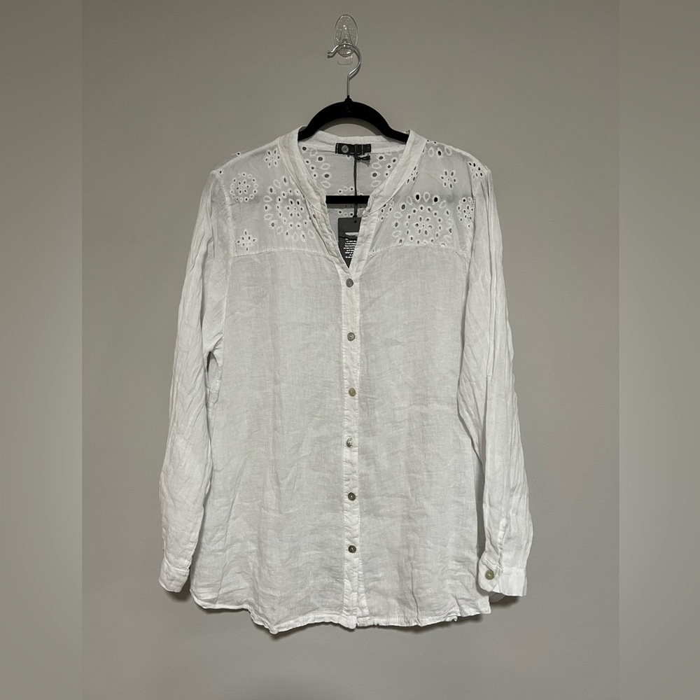 Made in Italy White Linen Long Sleeve Top Eyelet Trim Roll Tab Sleeves Large NEW